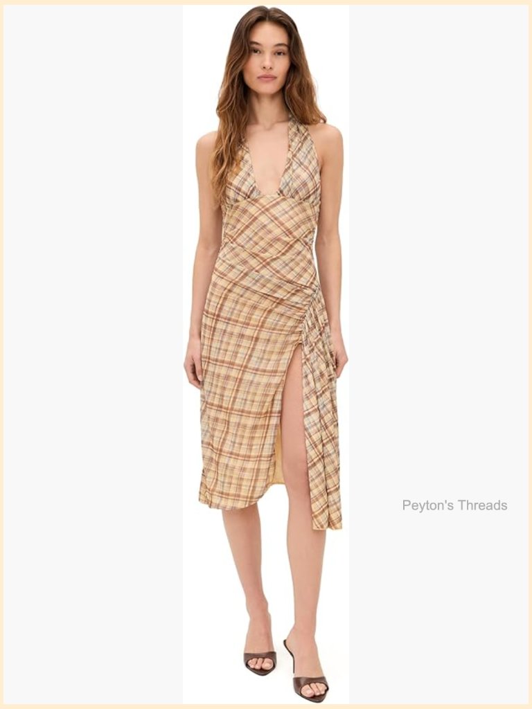 Halter Neck Midi Dress Super-Stretch Mesh Ruched Front A-Line